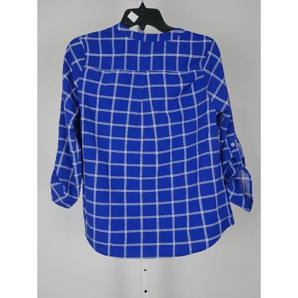 NY Collection Women's Blue Petite 3/4 Sleeve Roll Tab Y Neck Blouse PL - Picture 3 of 7